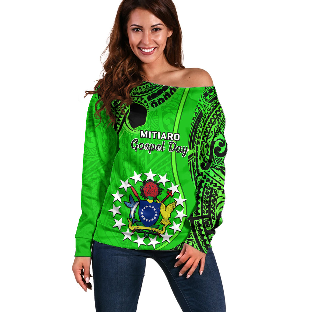 Personalised 21 July Mitiaro Island Gospel Day Off Shoulder Sweater Cook Islands Tribal Pattern LT14 Women Green - Polynesian Pride