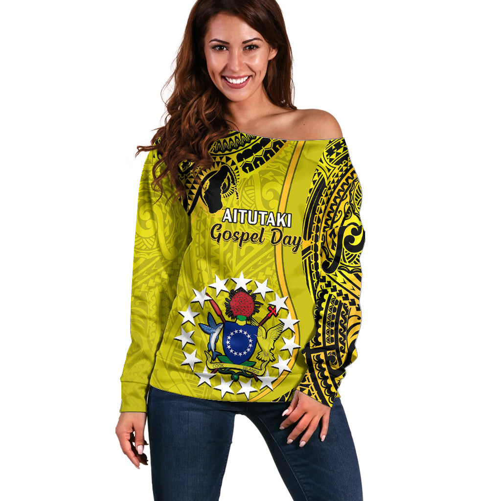 27 October Aitutaki Island Gospel Day Off Shoulder Sweater Cook Islands Tribal Pattern LT14 Women Gold - Polynesian Pride