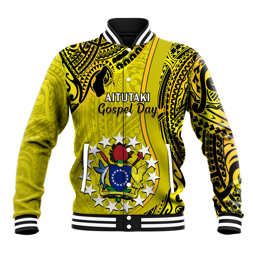 Personalised 27 October Aitutaki Island Gospel Day Baseball Jacket Cook Islands Tribal Pattern LT14 Unisex Gold - Polynesian Pride