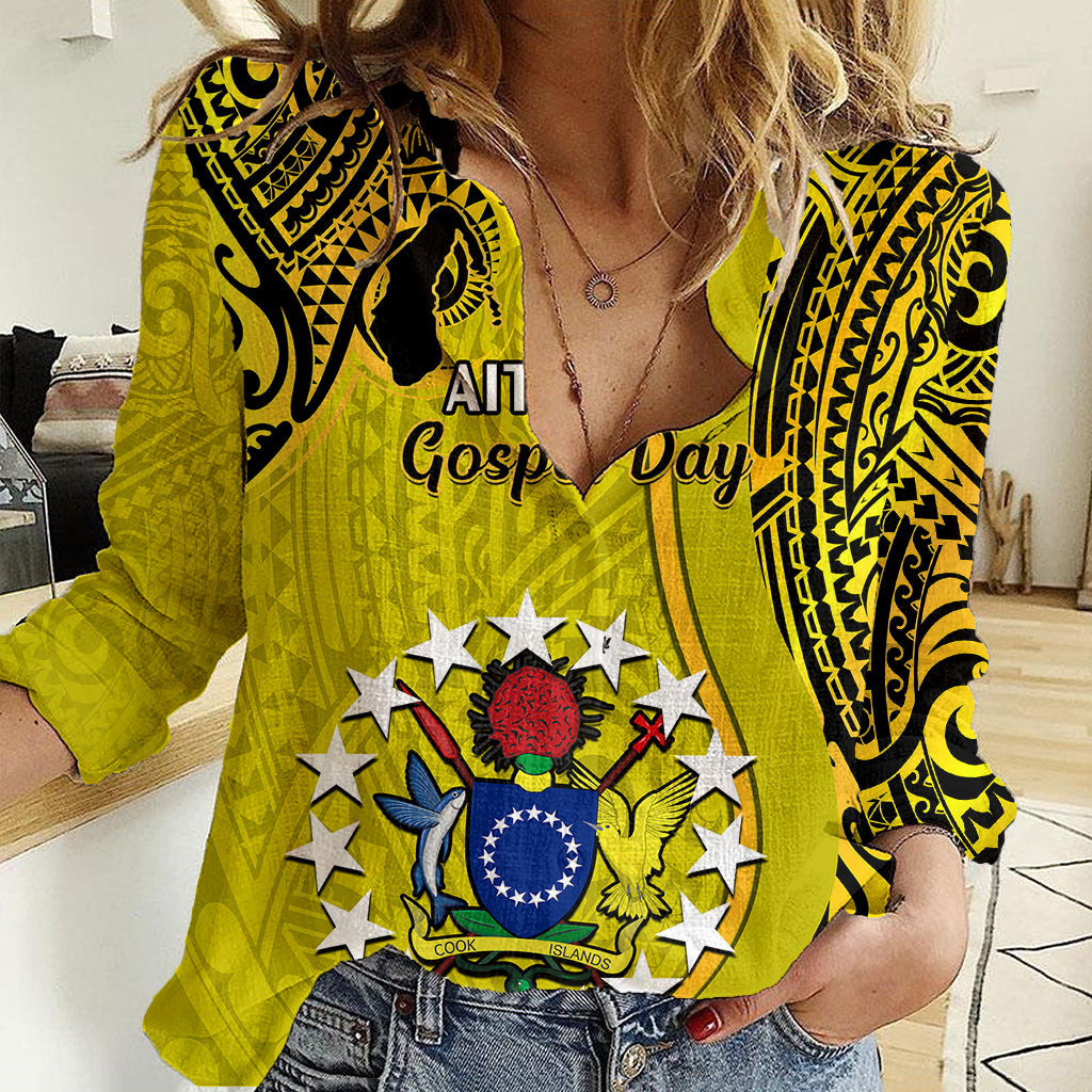 Personalised 27 October Aitutaki Island Gospel Day Women Casual Shirt Cook Islands Tribal Pattern LT14 Female Gold - Polynesian Pride