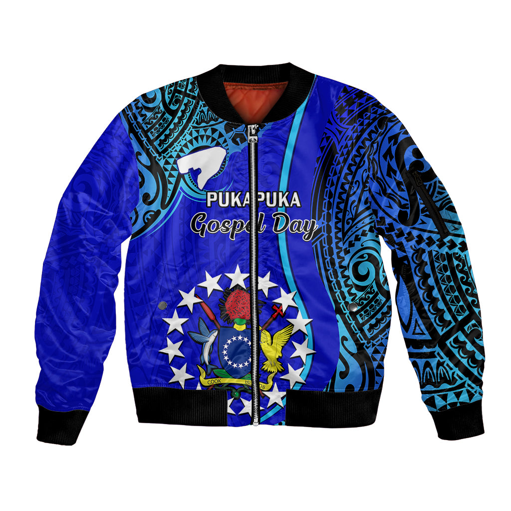 8 December Pukapuka Island Gospel Day Sleeve Zip Bomber Jacket Cook Islands Tribal Pattern LT14 Unisex Blue - Polynesian Pride