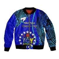 8 December Pukapuka Island Gospel Day Sleeve Zip Bomber Jacket Cook Islands Tribal Pattern LT14 Unisex Blue - Polynesian Pride