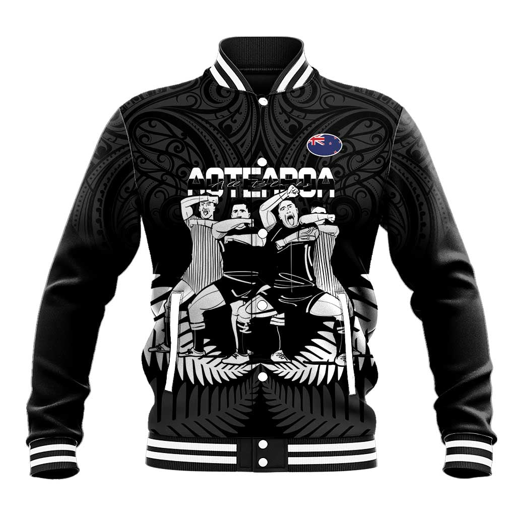 New Zealand Silver Fern Rugby Baseball Jacket Haka Dance With Aotearoa Maori Pattern LT14 Unisex Black - Polynesian Pride