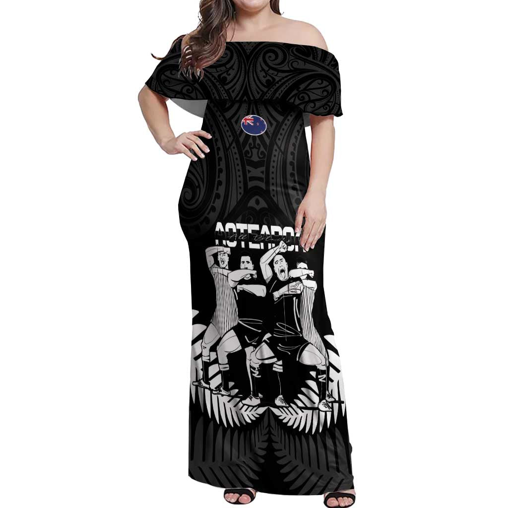 New Zealand Silver Fern Rugby Off Shoulder Maxi Dress Haka Dance With Aotearoa Maori Pattern