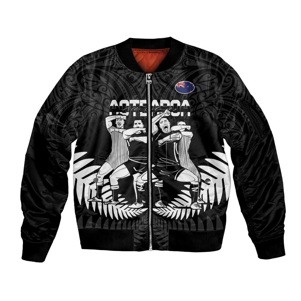 New Zealand Silver Fern Rugby Sleeve Zip Bomber Jacket Haka Dance With Aotearoa Maori Pattern