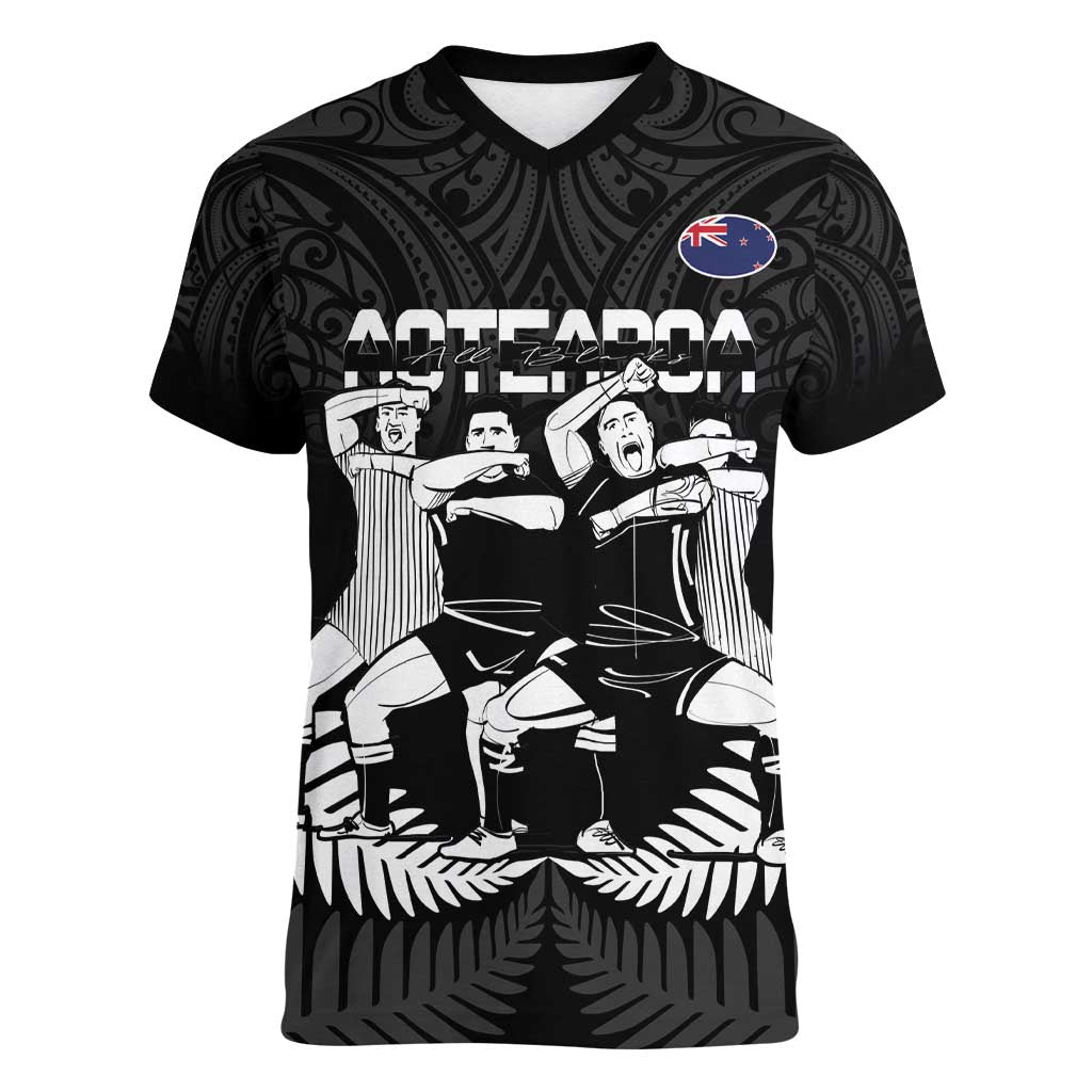 New Zealand Silver Fern Rugby Women V-Neck T-Shirt Haka Dance With Aotearoa Maori Pattern