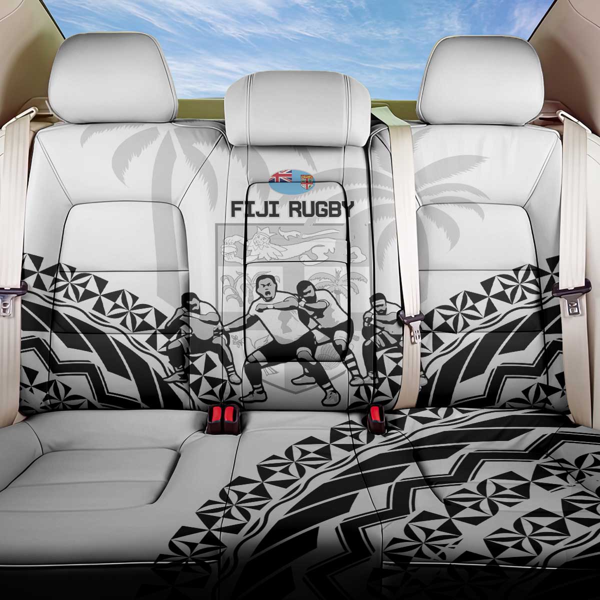 Fiji Tapa Rugby Back Car Seat Cover Cibi Dance With Fijian Pattern LT14 One Size White - Polynesian Pride