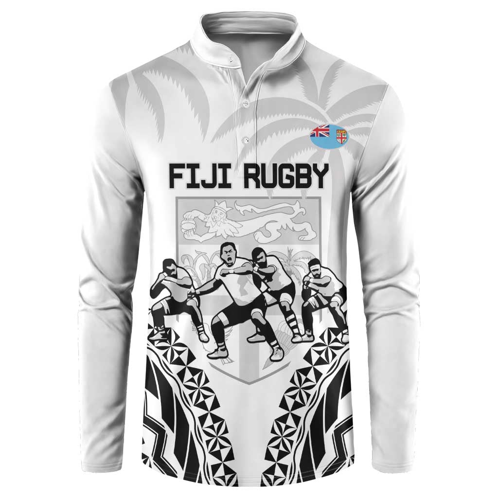 Fiji Tapa Rugby Button Sweatshirt Cibi Dance With Fijian Pattern LT14 White - Polynesian Pride