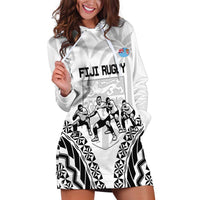 Fiji Tapa Rugby Hoodie Dress Cibi Dance With Fijian Pattern LT14 White - Polynesian Pride