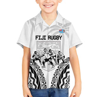 Fiji Tapa Rugby Kid Hawaiian Shirt Cibi Dance With Fijian Pattern LT14 Kid White - Polynesian Pride