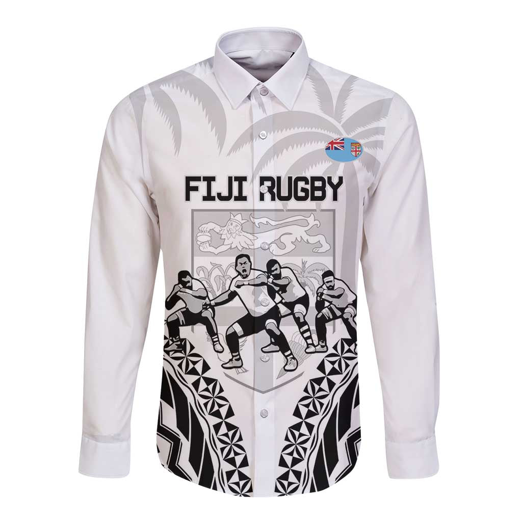 Fiji Tapa Rugby Long Sleeve Button Shirt Cibi Dance With Fijian Pattern LT14 Unisex White - Polynesian Pride