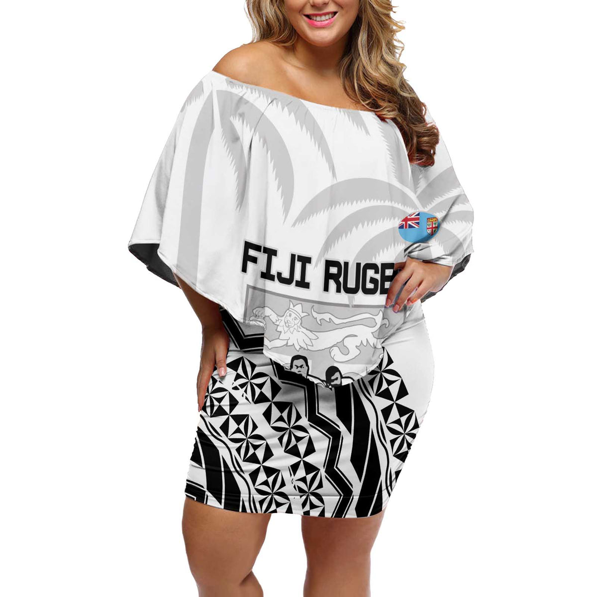Fiji Tapa Rugby Off Shoulder Short Dress Cibi Dance With Fijian Pattern LT14 Women White - Polynesian Pride