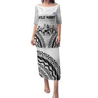 Fiji Tapa Rugby Puletasi Cibi Dance With Fijian Pattern LT14 Long Dress White - Polynesian Pride