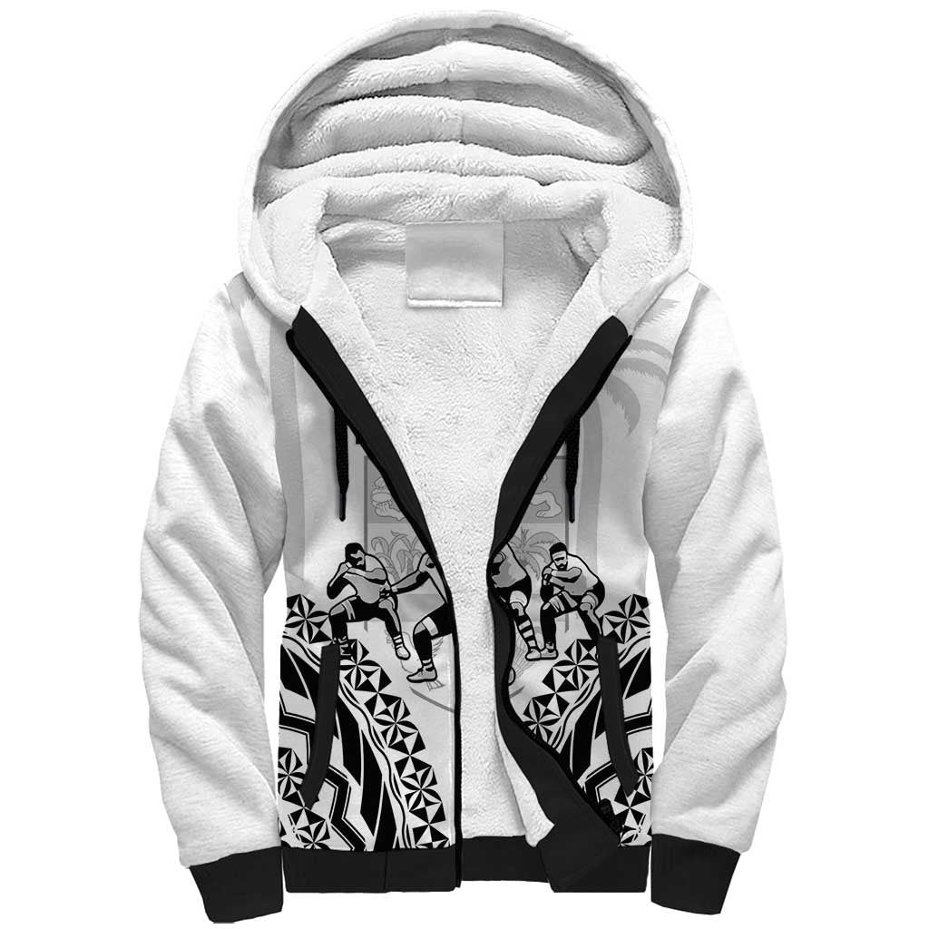 Fiji Tapa Rugby Sherpa Hoodie Cibi Dance With Fijian Pattern LT14 Unisex White - Polynesian Pride