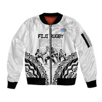 Fiji Tapa Rugby Sleeve Zip Bomber Jacket Cibi Dance With Fijian Pattern LT14 Unisex White - Polynesian Pride
