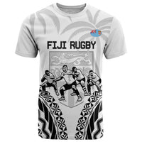 Fiji Tapa Rugby T Shirt Cibi Dance With Fijian Pattern LT14 White - Polynesian Pride