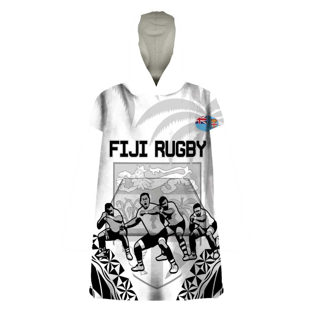 Fiji Tapa Rugby Wearable Blanket Hoodie Cibi Dance With Fijian Pattern LT14 One Size White - Polynesian Pride