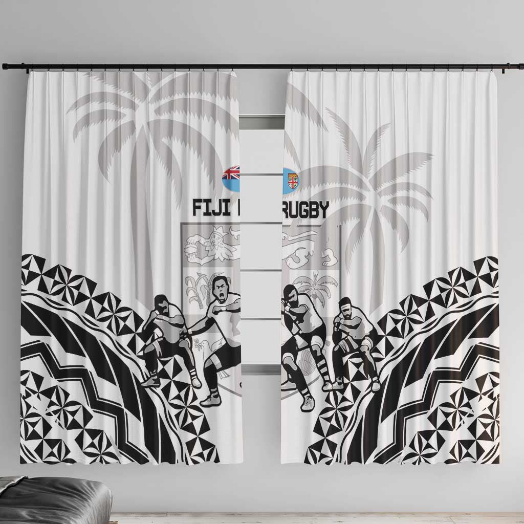 Fiji Tapa Rugby Window Curtain Cibi Dance With Fijian Pattern LT14 With Hooks White - Polynesian Pride