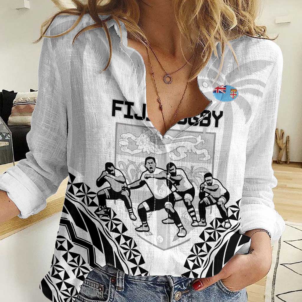 Fiji Tapa Rugby Women Casual Shirt Cibi Dance With Fijian Pattern LT14 Female White - Polynesian Pride