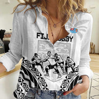 Fiji Tapa Rugby Women Casual Shirt Cibi Dance With Fijian Pattern LT14 Female White - Polynesian Pride