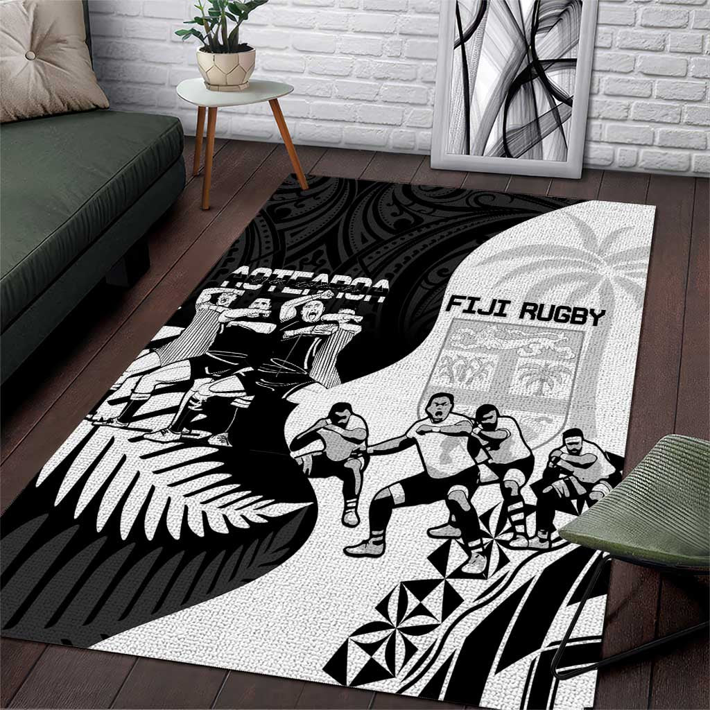 New Zealand And Fiji Tapa Rugby Area Rug Haka Dance Mix Cibi Dance Together LT14 Black - Polynesian Pride