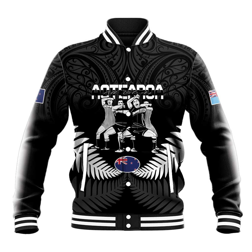 New Zealand And Fiji Tapa Rugby Baseball Jacket Haka Dance Mix Cibi Dance Together LT14 Unisex Black - Polynesian Pride