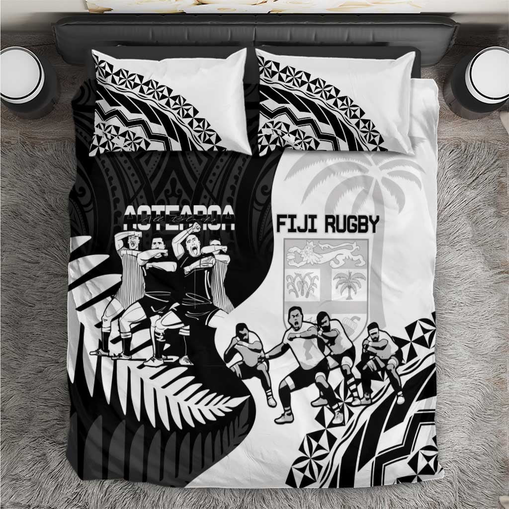 New Zealand And Fiji Tapa Rugby Bedding Set Haka Dance Mix Cibi Dance Together LT14 Black - Polynesian Pride