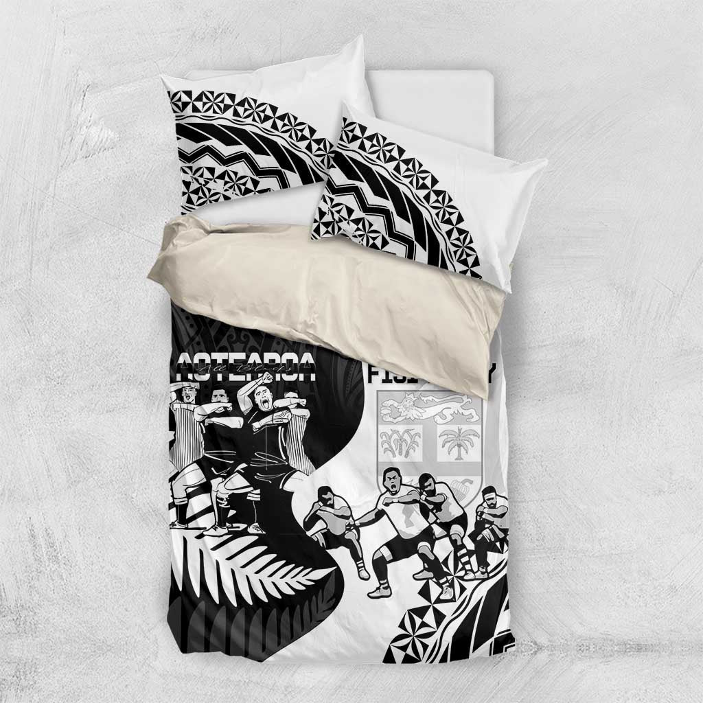 New Zealand And Fiji Tapa Rugby Bedding Set Haka Dance Mix Cibi Dance Together LT14 US Twin 172cm x 218cm Black - Polynesian Pride
