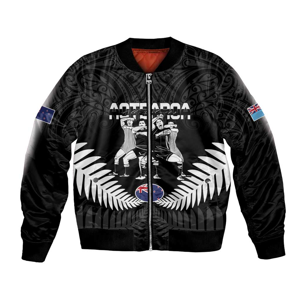 New Zealand And Fiji Tapa Rugby Bomber Jacket Haka Dance Mix Cibi Dance Together LT14 Unisex Black - Polynesian Pride