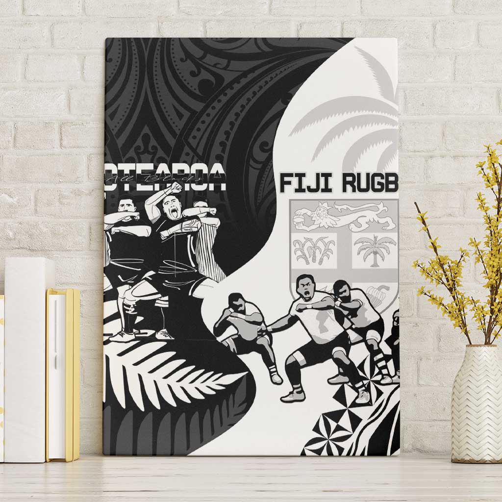 New Zealand And Fiji Tapa Rugby Canvas Wall Art Haka Dance Mix Cibi Dance Together LT14 Without Frame Black - Polynesian Pride