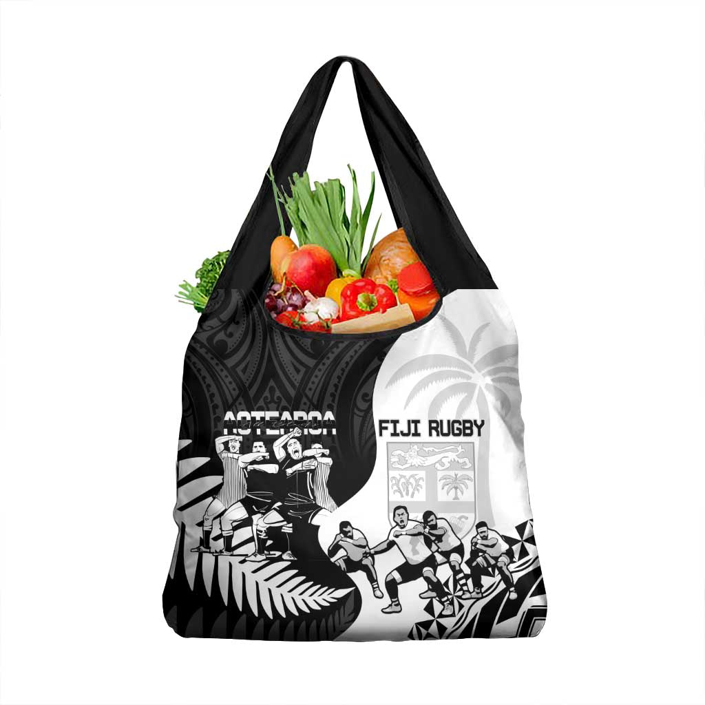 New Zealand And Fiji Tapa Rugby Grocery Bag Haka Dance Mix Cibi Dance Together LT14 1-pack One Size Black - Polynesian Pride