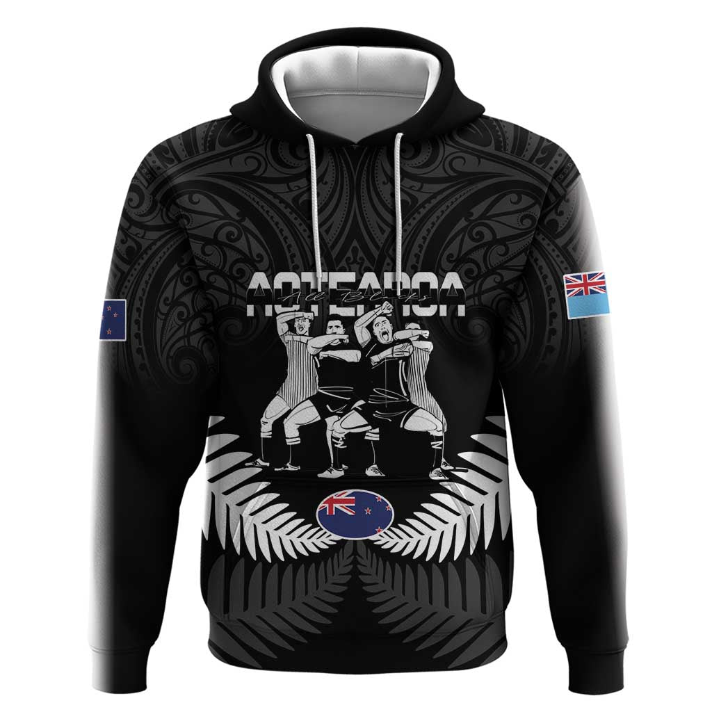 New Zealand And Fiji Tapa Rugby Hoodie Haka Dance Mix Cibi Dance Together LT14 Pullover Hoodie Black - Polynesian Pride