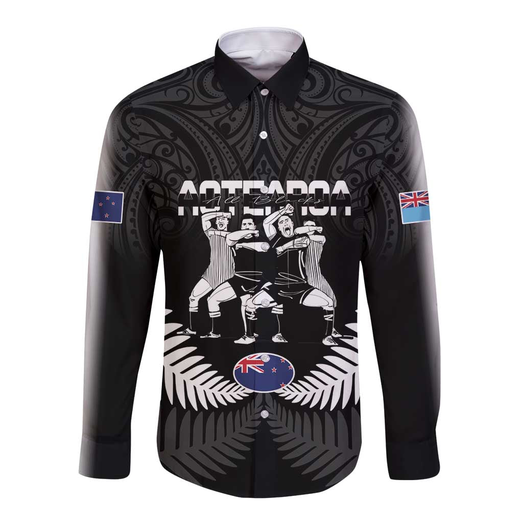 New Zealand And Fiji Tapa Rugby Long Sleeve Button Shirt Haka Dance Mix Cibi Dance Together LT14 Unisex Black - Polynesian Pride