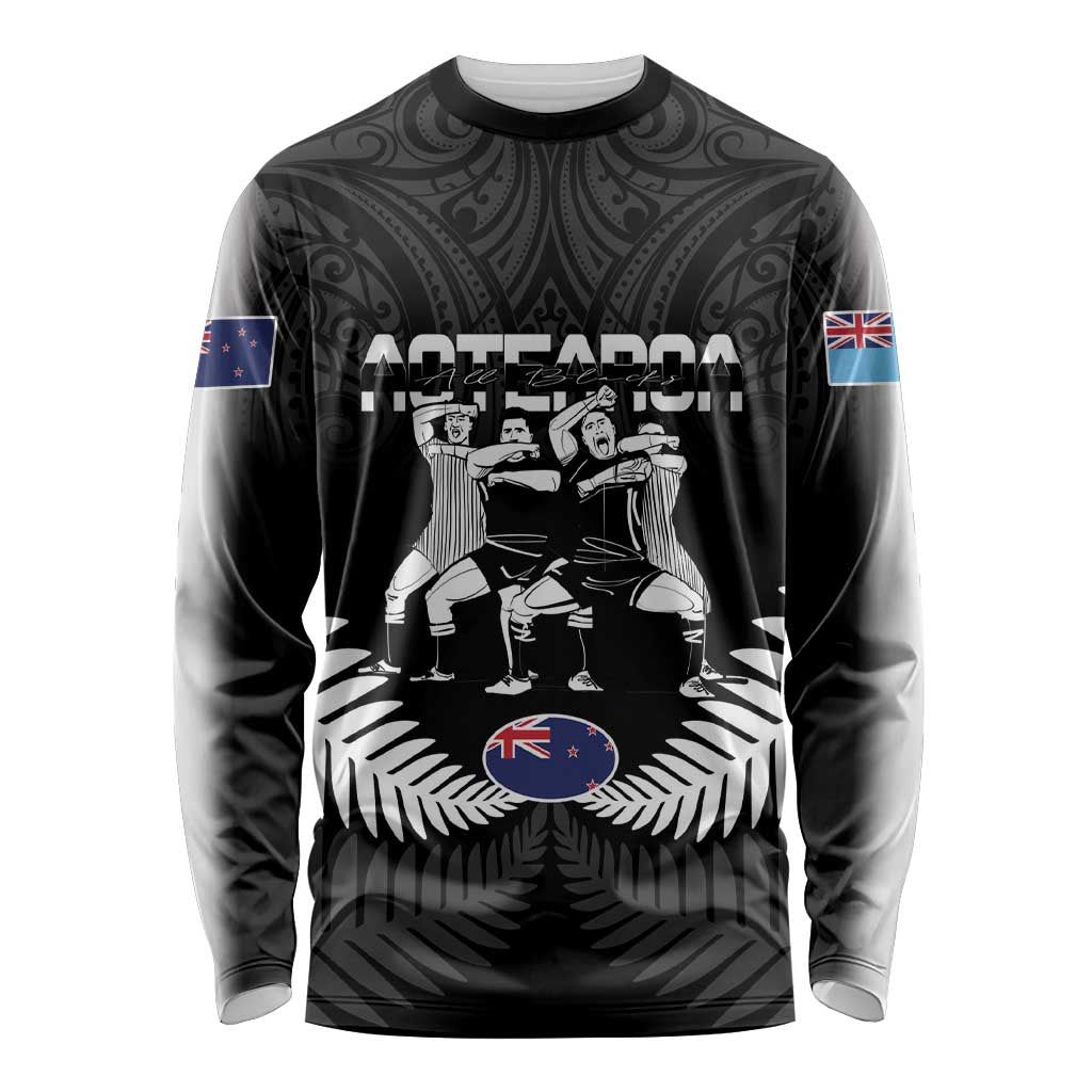 New Zealand And Fiji Tapa Rugby Long Sleeve Shirt Haka Dance Mix Cibi Dance Together LT14 Unisex Black - Polynesian Pride