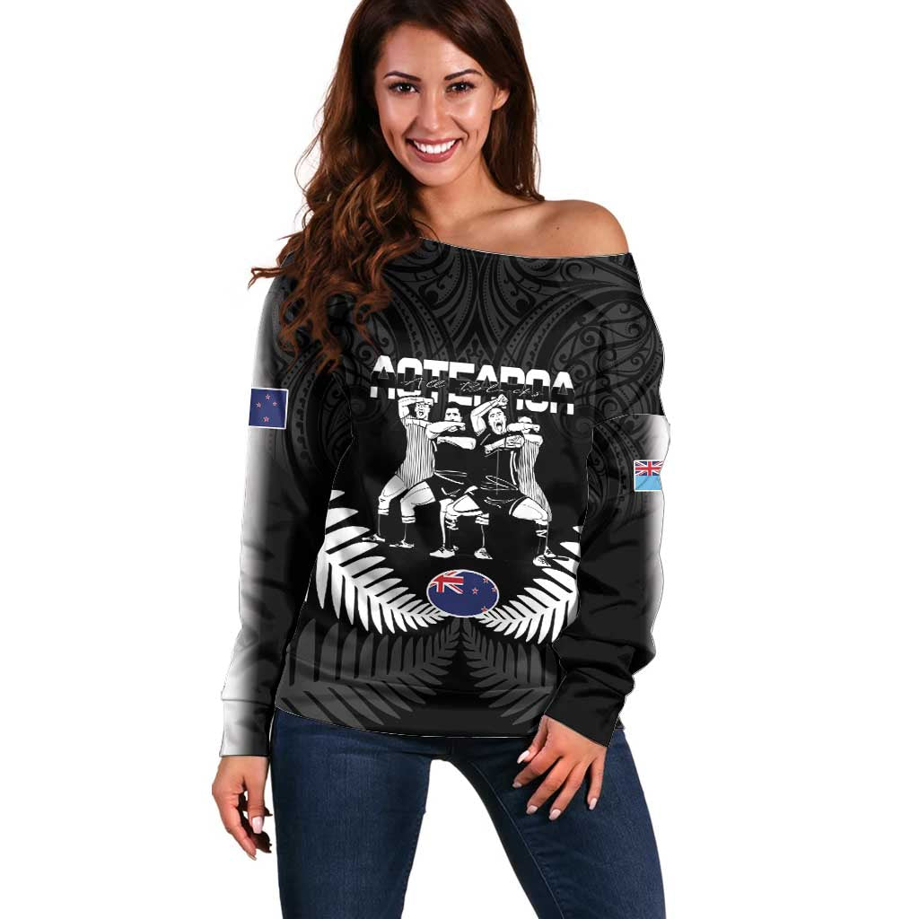 New Zealand And Fiji Tapa Rugby Off Shoulder Sweater Haka Dance Mix Cibi Dance Together LT14 Women Black - Polynesian Pride