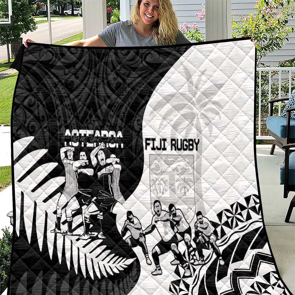New Zealand And Fiji Tapa Rugby Quilt Haka Dance Mix Cibi Dance Together LT14 Black - Polynesian Pride