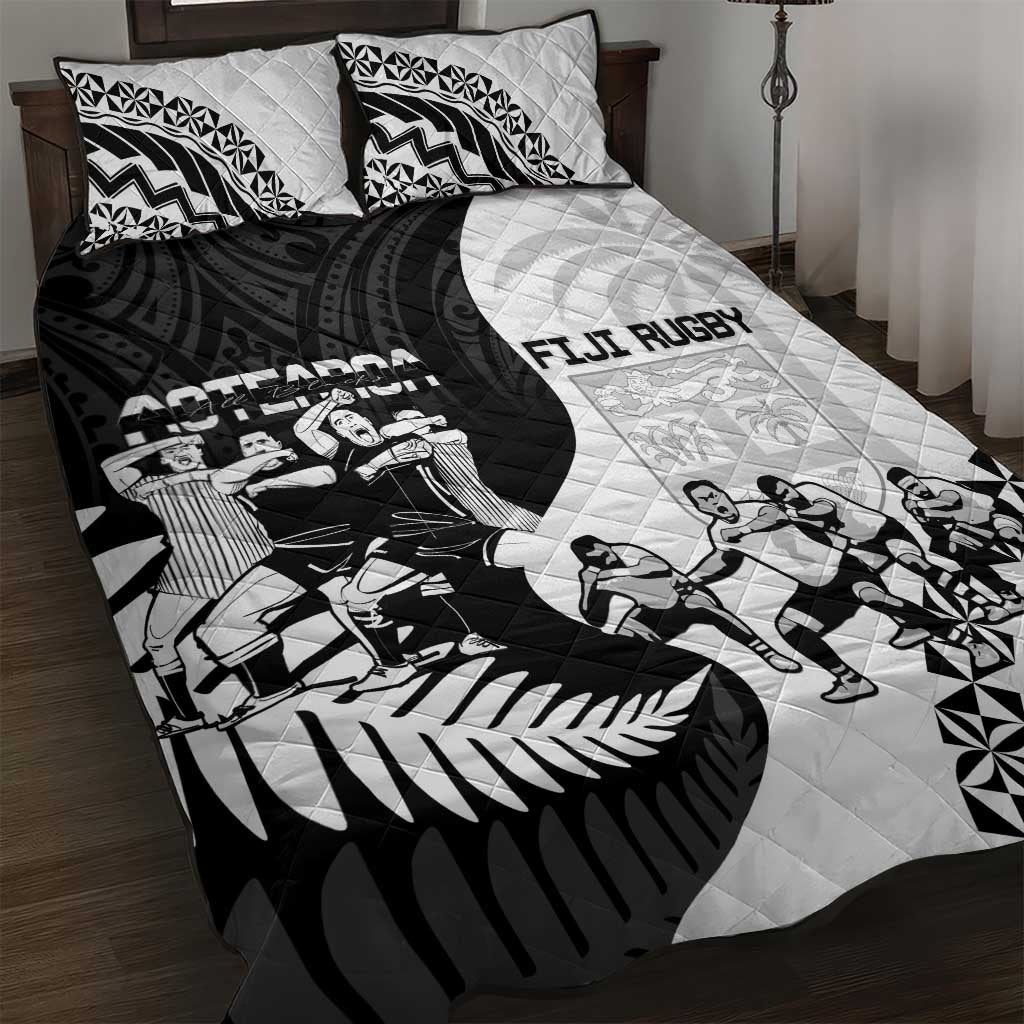 New Zealand And Fiji Tapa Rugby Quilt Bed Set Haka Dance Mix Cibi Dance Together LT14 Black - Polynesian Pride