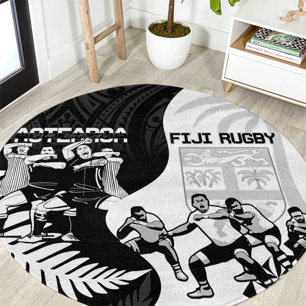 New Zealand And Fiji Tapa Rugby Round Carpet Haka Dance Mix Cibi Dance Together LT14 Black - Polynesian Pride