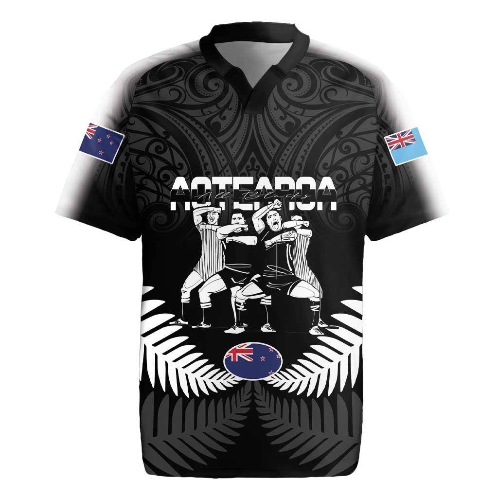 New Zealand And Fiji Tapa Rugby Rugby Jersey Haka Dance Mix Cibi Dance Together LT14 Black - Polynesian Pride