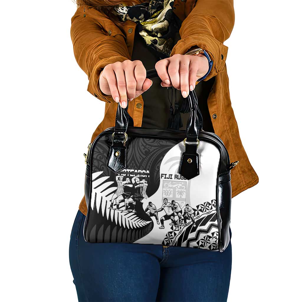 New Zealand And Fiji Tapa Rugby Shoulder Handbag Haka Dance Mix Cibi Dance Together LT14 One Size Black - Polynesian Pride