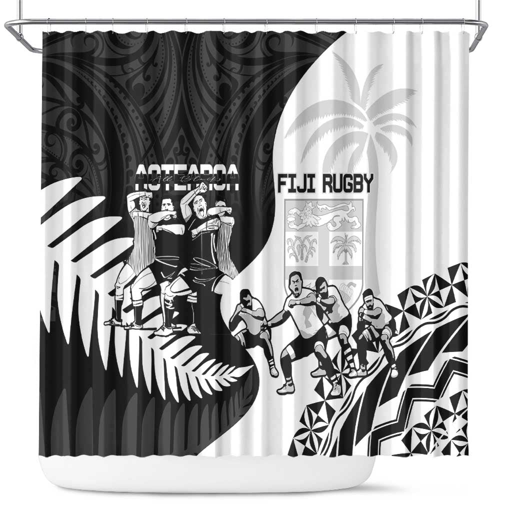 New Zealand And Fiji Tapa Rugby Shower Curtain Haka Dance Mix Cibi Dance Together