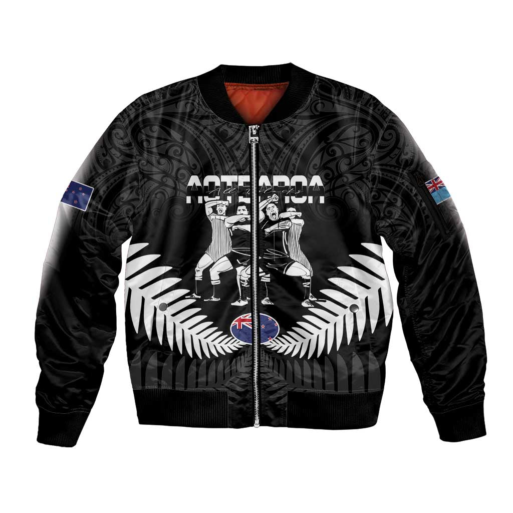 New Zealand And Fiji Tapa Rugby Sleeve Zip Bomber Jacket Haka Dance Mix Cibi Dance Together LT14 Unisex Black - Polynesian Pride