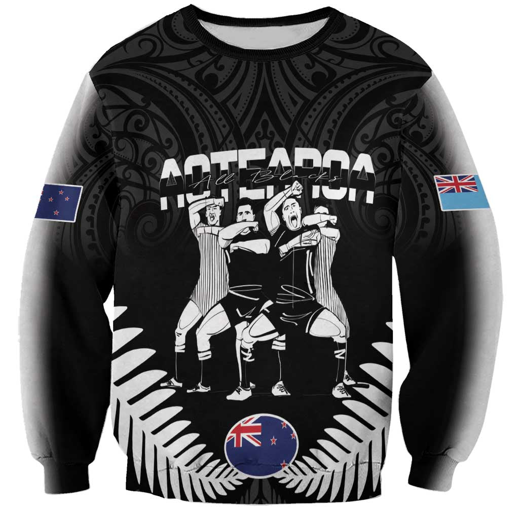 New Zealand And Fiji Tapa Rugby Sweatshirt Haka Dance Mix Cibi Dance Together LT14 Unisex Black - Polynesian Pride