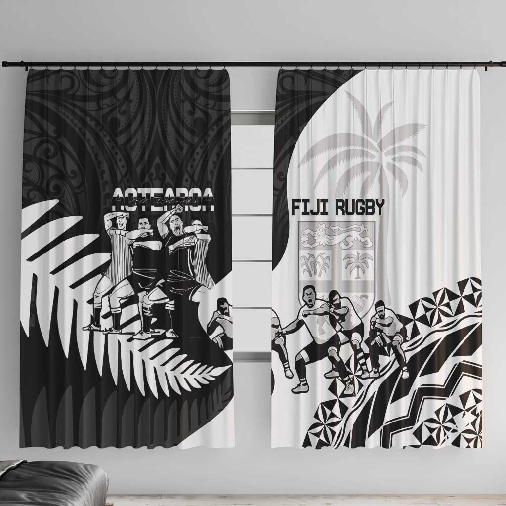 New Zealand And Fiji Tapa Rugby Window Curtain Haka Dance Mix Cibi Dance Together LT14 With Hooks Black - Polynesian Pride