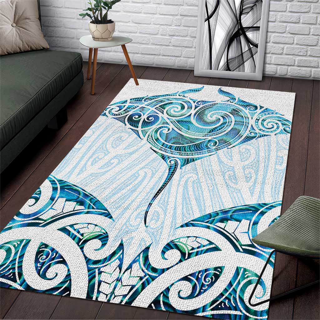 New Zealand Manta Ray Tattoo Area Rug Aotearoa Maori Haehae Paua Shell LT14 White - Polynesian Pride