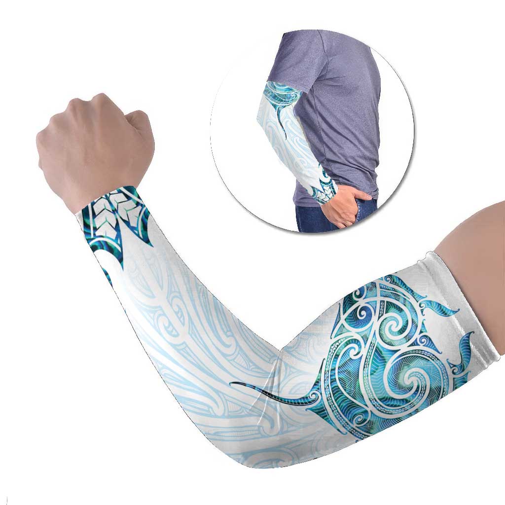 New Zealand Manta Ray Tattoo Arm Sleeves Aotearoa Maori Haehae Paua Shell LT14 Set of 2 White - Polynesian Pride