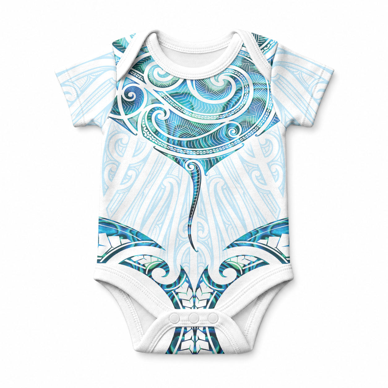 New Zealand Manta Ray Tattoo Baby Onesie Aotearoa Maori Haehae Paua Shell LT14 White - Polynesian Pride