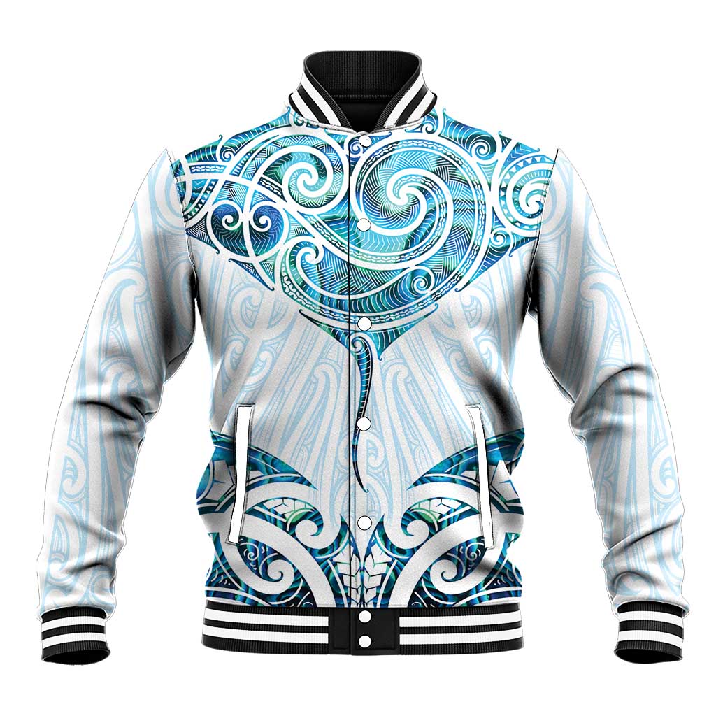 New Zealand Manta Ray Tattoo Baseball Jacket Aotearoa Maori Haehae Paua Shell LT14 Unisex White - Polynesian Pride