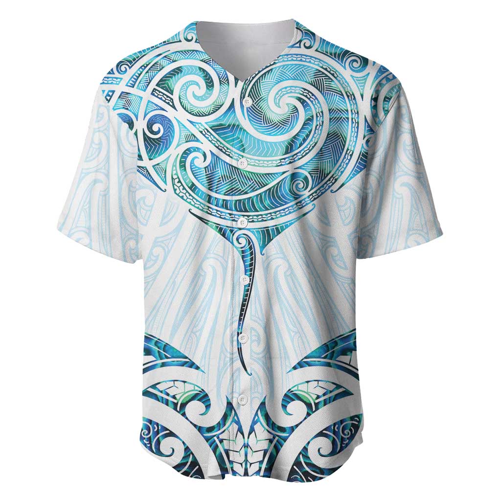 New Zealand Manta Ray Tattoo Baseball Jersey Aotearoa Maori Haehae Paua Shell LT14 White - Polynesian Pride