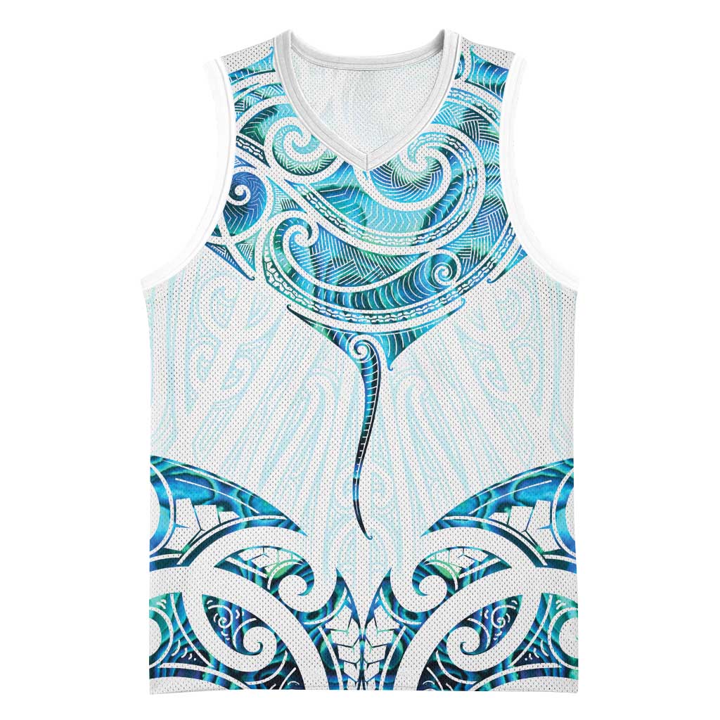 New Zealand Manta Ray Tattoo Basketball Jersey Aotearoa Maori Haehae Paua Shell LT14 Unisex White - Polynesian Pride